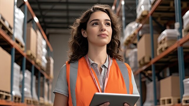 A female worker checks information on a tablet while a manager takes notes in a bustling logistics warehouse filled with shelves of products