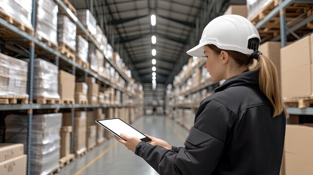 A female worker uses a tablet in a bustling warehouse, overseeing stock movement while colleagues work nearby among stored goods