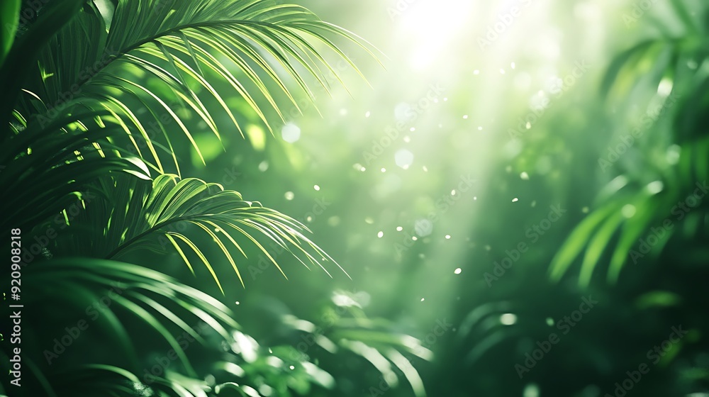 Poster background of lush rainforest with dense canopy and soft bokeh