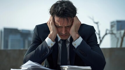 Tired businessman holding his head in hands in a suit stressed 