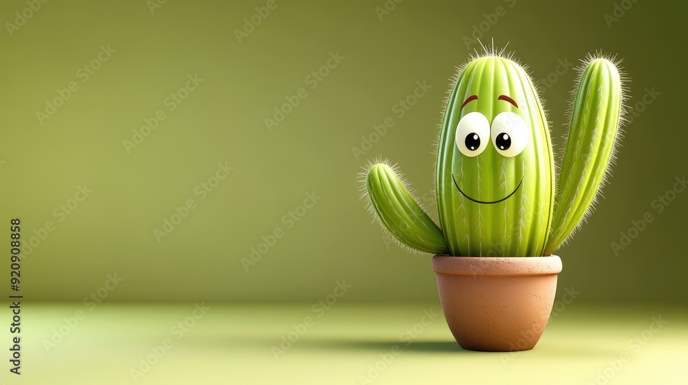 Poster cartoon cactus character with small, friendly eyes and a bright smile. clear area in the background 