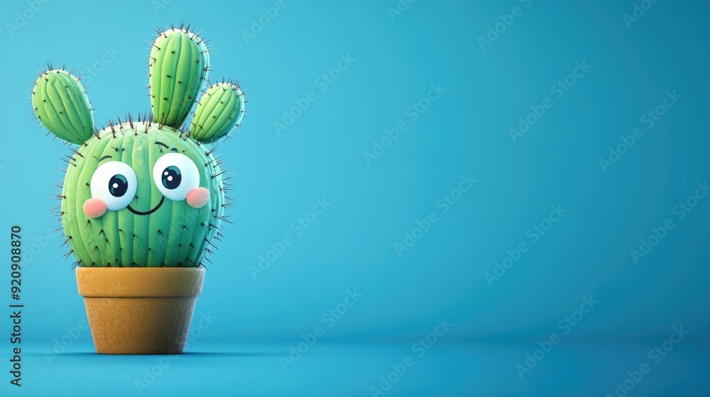 Poster cartoon cactus character with small, friendly eyes and a bright smile. clear area in the background 