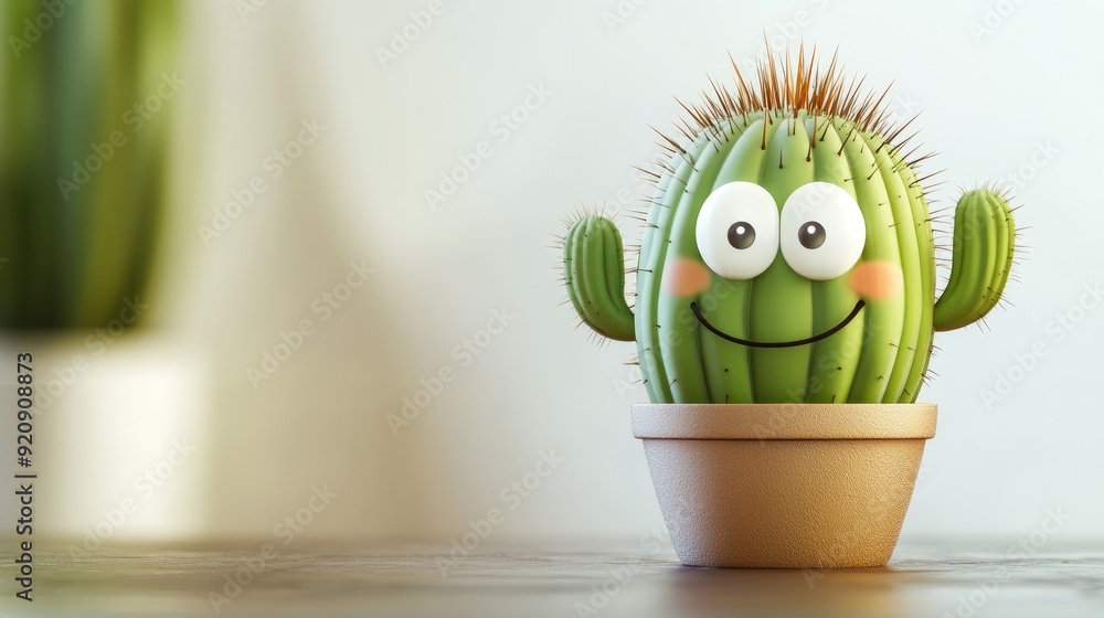 Poster cartoon cactus character with small, friendly eyes and a bright smile. clear area in the background 