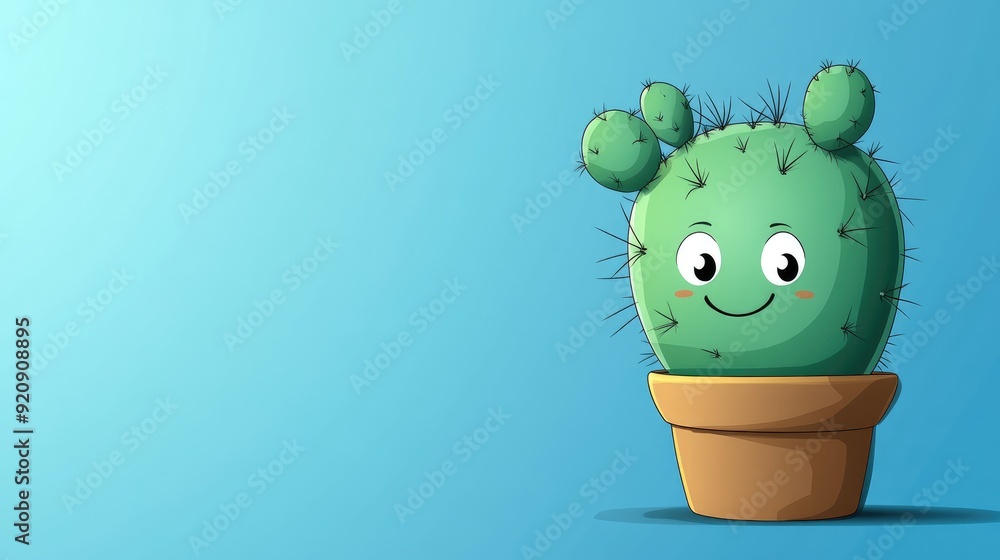 Poster cartoon cactus character with small, friendly eyes and a bright smile. clear area in the background 