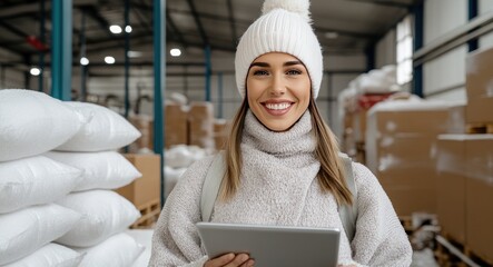A female worker uses a tablet in a bustling warehouse, overseeing stock movement while colleagues work nearby among stored goods