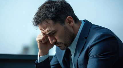 Tired businessman holding his head in hands in a suit stressed 