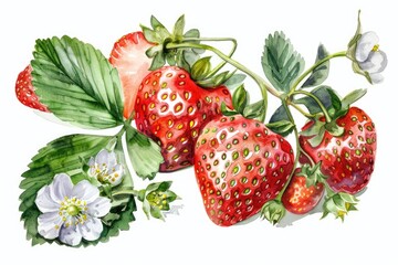Hand Drawn Watercolor Illustration of Juicy Red Strawberries with Green Leaves and Flowers on White Background