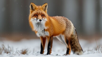 Red Fox Standing in Snowy Forest with Blurred Background