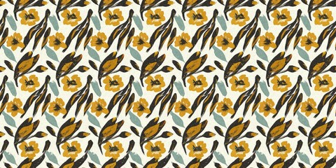 Modern printed fabric flower block print pattern with linen texture effect. Stylized boho dark floral for chic fashion background motif border design.