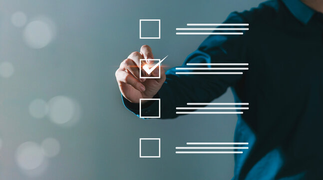 Checklist concept, Survey concept, Questionnaire with checkboxes, Online survey filling, Quiz question answering, Businessman checking checkboxes on virtual screen.