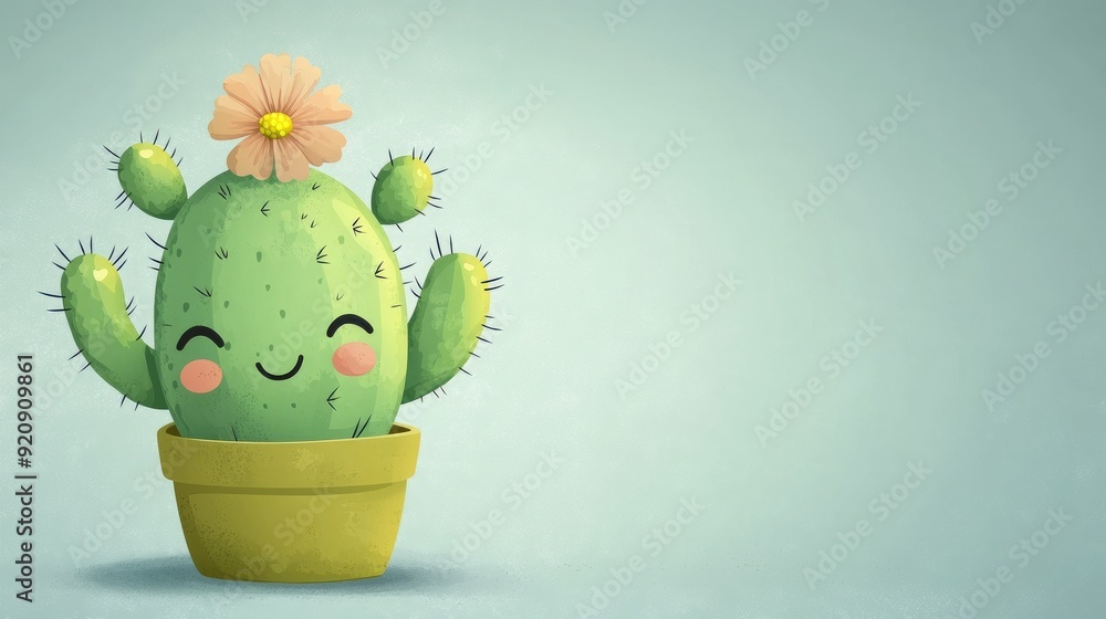 Poster charming cartoon cactus with a cheerful expression and a flower on top, framed by a simple backgroun