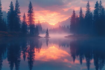 Fototapeta premium serene lake at twilight perfect mirror reflection of colorful sky and silhouetted trees dreamlike atmosphere with subtle mist rising from water