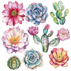 Cacti and Desert Flowers Set in Watercolor