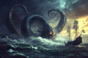 Naklejka premium A Terrifying Encounter: The Mythical Sea Monster Rises to Challenge a Sailboat Amidst a Stormy Ocean's Fury
