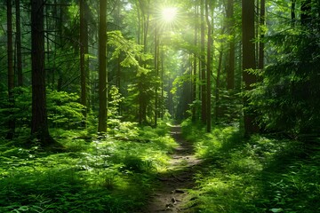 Obraz premium Serene Forest Path in Sunlit Greenery - Perfect for Nature-Themed Prints and Posters