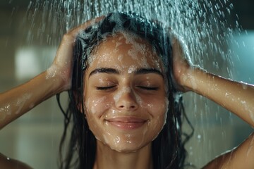 Fototapeta premium This image shows a person under a running shower, with foam and water streaming down their head, reflecting a moment of hygiene, cleanliness, and relaxation.