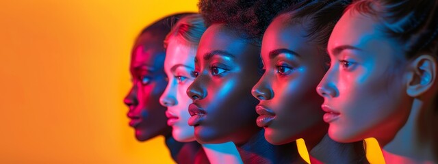 Fototapeta premium Women cluster before a yellow wall, surrounded by red and blue lights