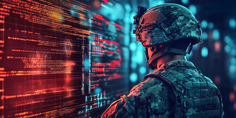 A uniformed soldier observes a computer screen, demonstrating concentration and engagement in a military environmen