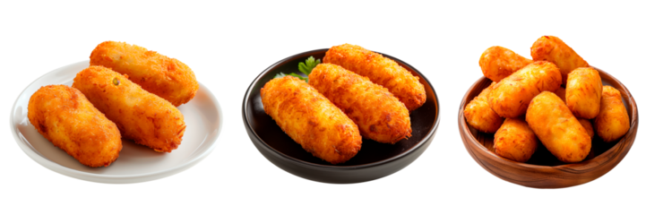 Set of croquettes isolated on white or transparent background. Spanish croquettes with meat and mushrooms in a white, black and wooden plates. Traditional Spanish dish. Side view.