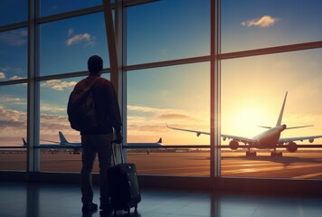 Silhouette of a Man with Luggage Looking Out a Window at an Airplane on a Runway at Sunset