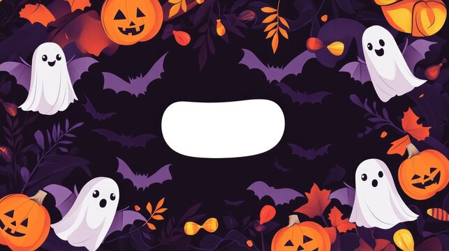 Charming Halloween cartoon with friendly bats, ghosts, and candy, featuring a blank area in the middle for personalized messages.
