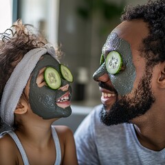 Father and daughter having a spa day at home, face masks and cucumber slices on eyes 