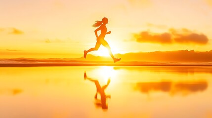 A woman running by the beach during sunset, reflecting determination and energy in a serene landscape.