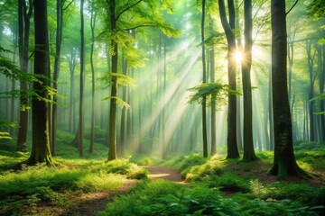 Naklejka premium Serene forest atmosphere with dappled sunlight filtering through lush green foliage and misty fog enveloping the forest floor, evoking a sense of tranquility and connection.