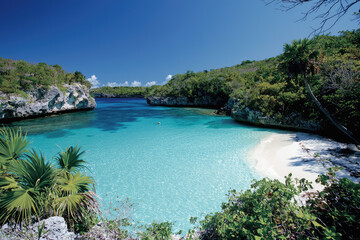 Discover a Hidden Paradise: A Secluded Cove with Sparkling Turquoise Waters and Lush Green Surroundings Awaits You.