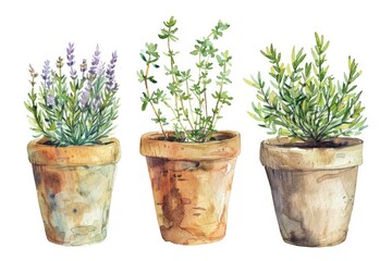 Fototapeta premium Hand-drawn Watercolor Herb and Plant Set for Kitchen Decor and Cooking with Fresh Basil, Rosemary, and Thyme in Pots
