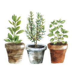 Obraz premium Hand-drawn Watercolor Herbs in Kitchen: Fresh Basil, Rosemary, Thyme, and More