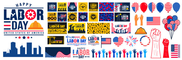 set of mega bundle USA Happy Labor Day celebration construction tools, Safety hard hat, helmet, crane, usa flag, balloon, social media post banner, and background pattern  template. Labour day banner.