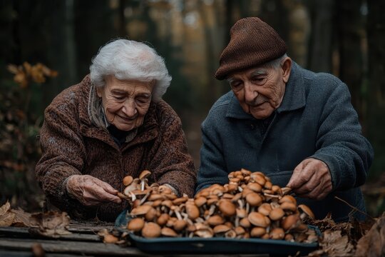 An elderly couple in a forest, sorting through a collection of mushrooms. They are engaged and content, depicting the simple pleasures of outdoor activities and companionship.