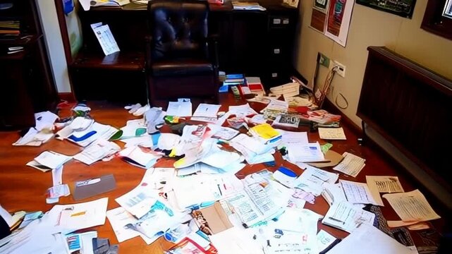 A disorganized office filled with scattered papers, creating a chaotic workspace that highlights the stress of management and productivity.