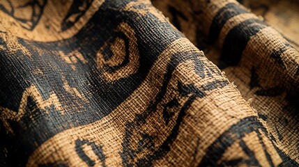 Close-Up of African Mud Cloth from Mali with Hand-Painted Symbols and Patterns