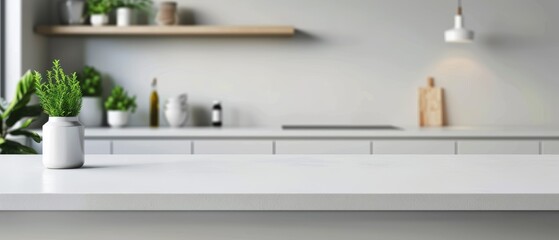 Blurred white kitchen interior with empty countertop for product display, blurred background