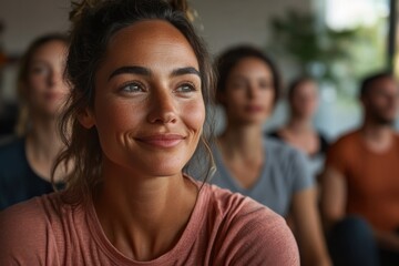 Fototapeta premium A woman is attentively listening during a group yoga session, sitting amidst other participants. She looks peaceful and focused, contributing to the calming atmosphere.