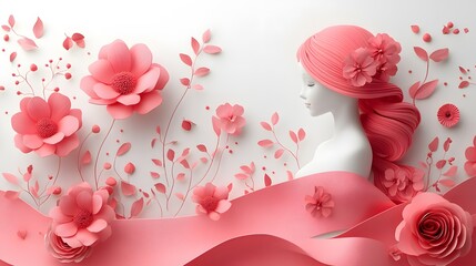 Vector illustration featuring a 3D pink ribbon with blooming flowers and leafy accents, set against a clean white background with hand-drawn plant elements.