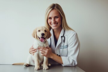 A dedicated and compassionate veterinarian warmly interacts with an adorable little puppy at the clinic, demonstrating a strong commitment to providing highquality care, especially for younger dogs