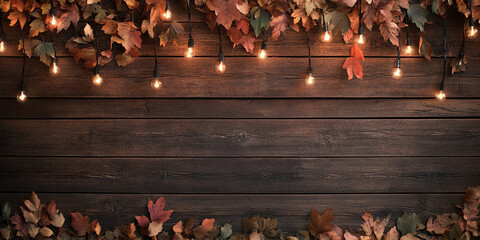 lovely autumn scene with a wooden background bordered by autumn leaves in various shades of brown, orange, and green, and glowing string lights giving off a warm and cozy vibe
