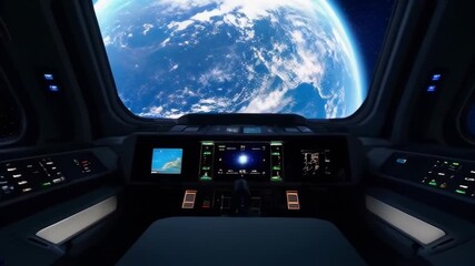 A spacecraft cockpit view showcases Earth from space, emphasizing technology and exploration with a cinematic feel.