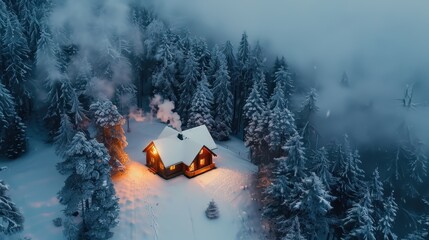 A Cozy Cabin Nestled in a Snowy Forest with Smoke Rising from Its Chimney