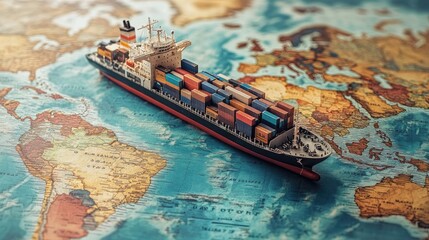 Container ship model navigating across a world map, symbolizing global transportation, trade, and the interconnectedness of markets.