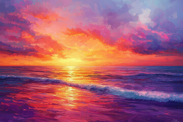Fototapeta premium A serene ocean sunset, where vibrant hues dance across the sky, painting a perfect end to the day over the calm waters.