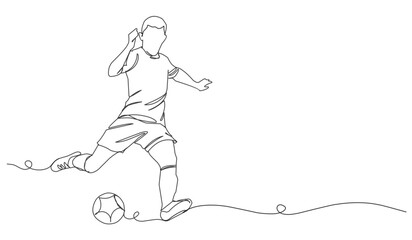 continuous line drawing of soccer player shooting vector illustration. Single one line art of young man playing soccer ball template.
