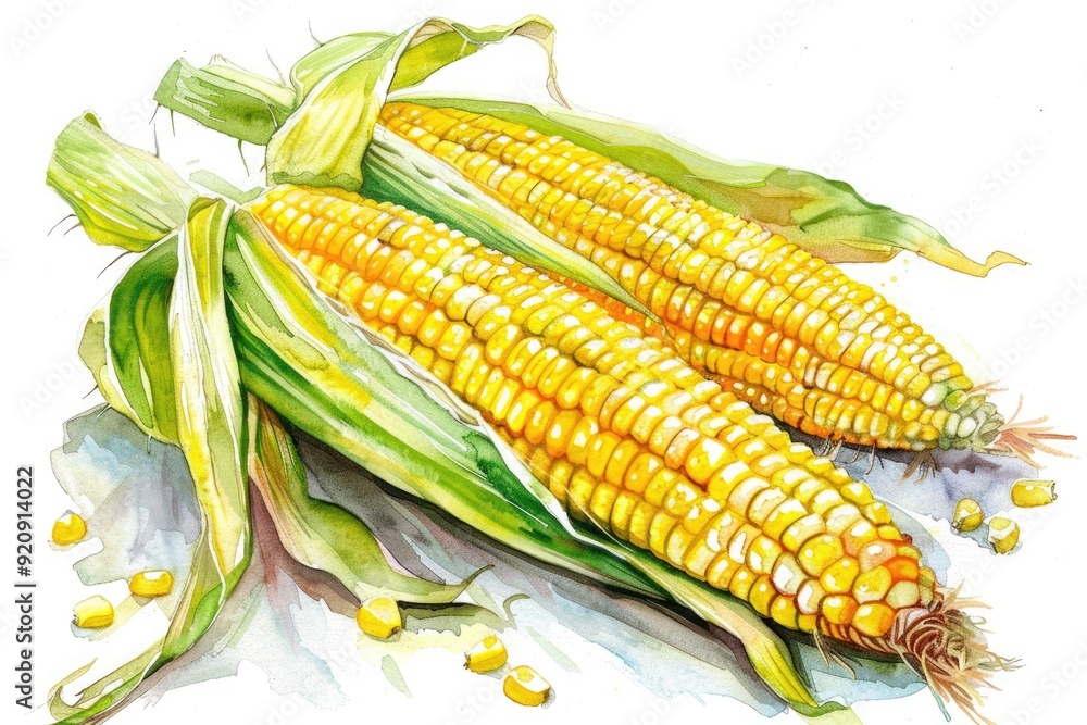 Poster Hand-drawn Watercolor Illustration of Fresh Corn on the Cob with Yellow Kernels