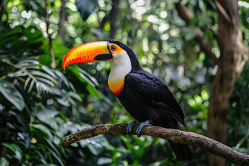 Obraz premium Discover the Vibrant World of a Toucan: Nature's Most Colorful Avian Marvels Perched Among Lush Greenery in the Jungle