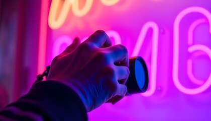 A close-up of a photographer’s hand adjusting camera settings
