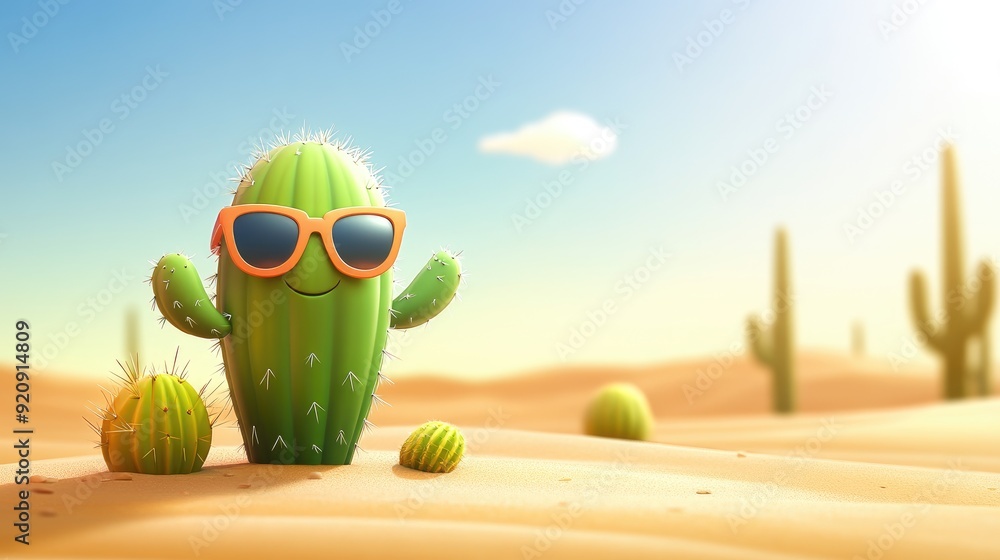 Poster cute cactus cartoon with a playful pose and sunglasses, set in a sunny desert background. perfect fo