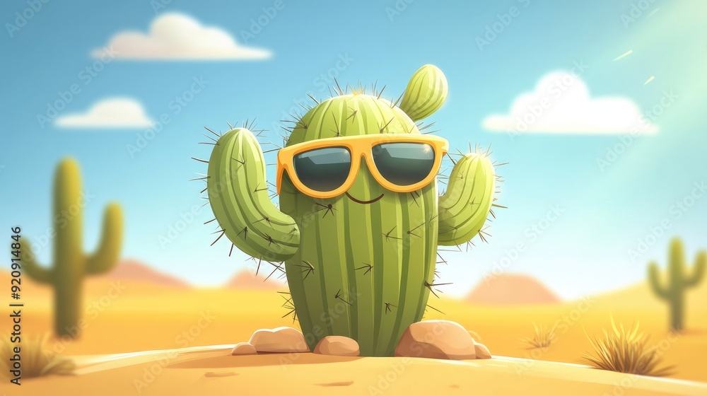 Poster cute cactus cartoon with a playful pose and sunglasses, set in a sunny desert background. perfect fo